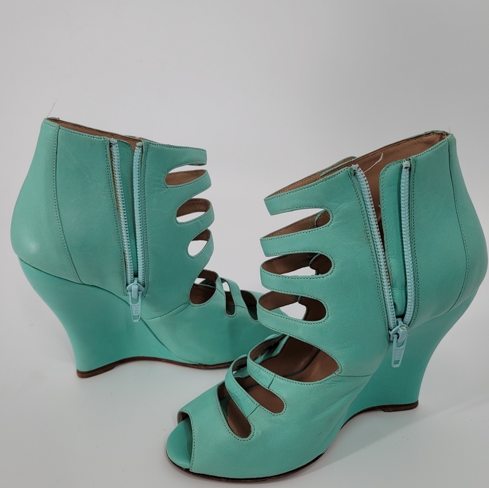 Oscar de la Renta Blue Strappy Dakota Nappa Wedge Sandals Size 35.5 - Picture 11 of 14
